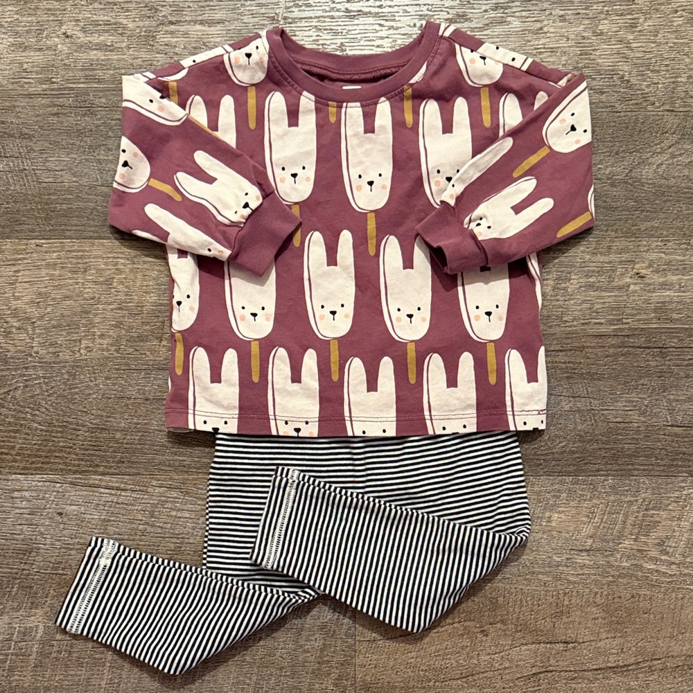 Tea Collection Long Sleeve Comfy Baby Set in “Bunny Pops” w/ Striped Pants